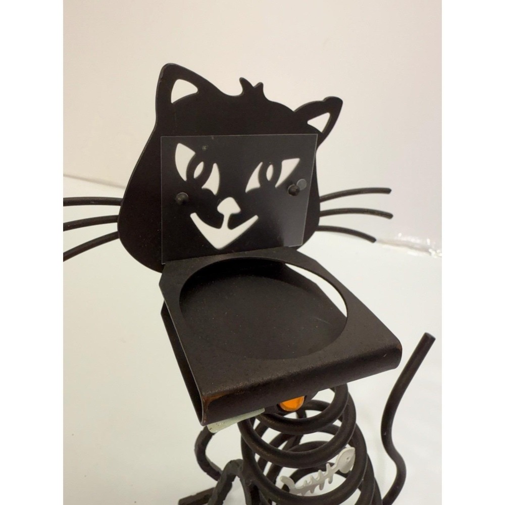 Black Metal Spring Cat Figurine Bobble Head Tea Light Candle Holder Fish Charm - Picture 5 of 10